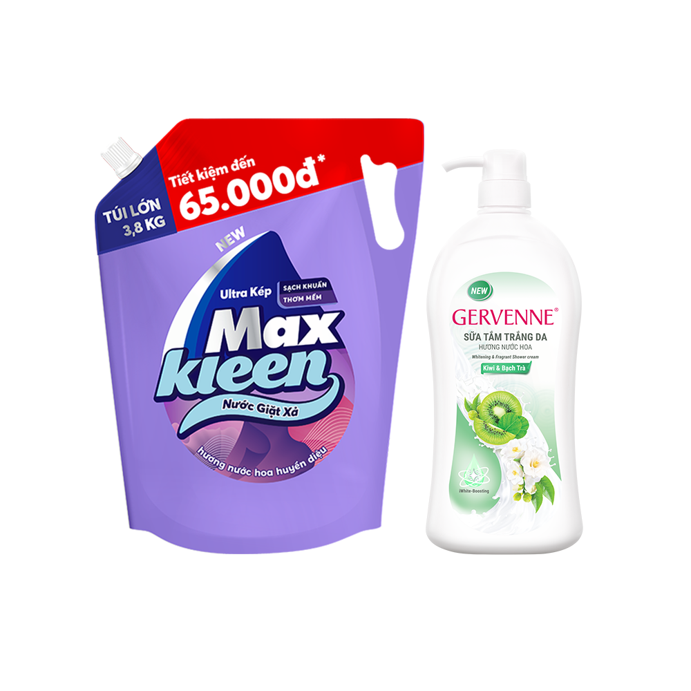 Combo Túi Nước Giặt Xả MaxKleen Hương HUYỀN DIỆU 3.8kg + Sữa tắm trắng da hương nước hoa Gervenne KIWI Và BẠCH TRÀ 900g