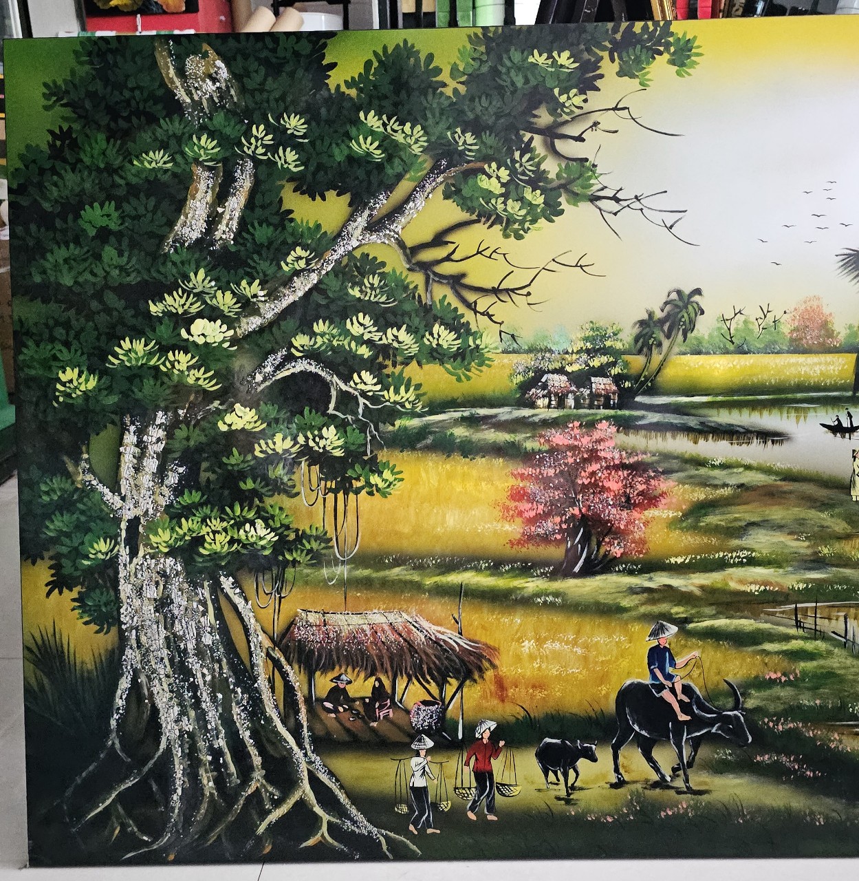 Tranh sơn mài cảnh làng quê Việt Nam, cảnh đồng quê 80x160 cm