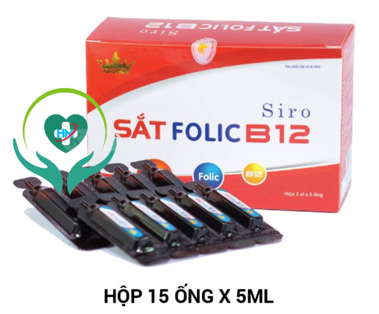 Siro Sắt Folic B12 Kingphar , hộp 15 ống x 5ml, hỗ trợ các trường hợp thiếu máu, thiếu sắt