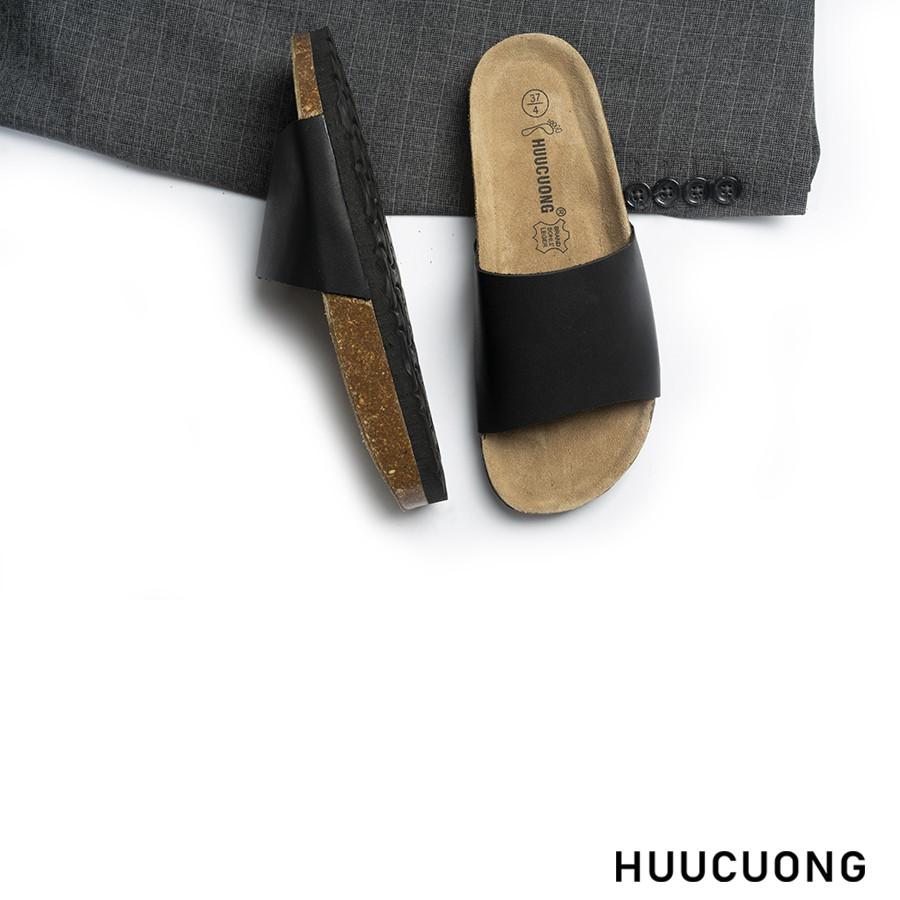 Dép unisex HuuCuong 1 quai da bò đen đế trấu handmade