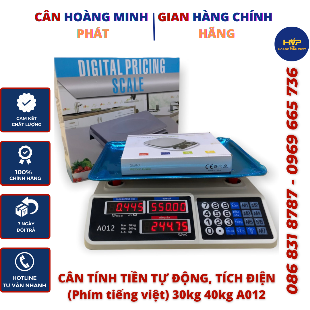 Cân Tính Tiền Tiếng Việt 30kg/5g - 40kg/5g A012 Dễ Sử Dụng (Cân hóa quả, thực phẩm, đồ dùng) (Cân điện tử tính tiền tự động - tích điện) - Bảo Hành 2 Năm [ CÂN-HOÀNG-MINH-PHÁT ]