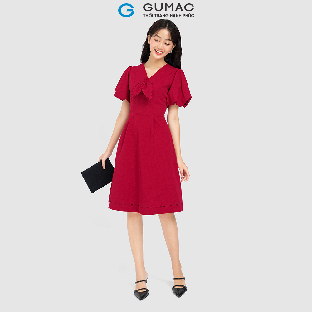 Đầm nơ cổ phối chỉ GUMAC DC08037 form A luôn chỉ đính nơ