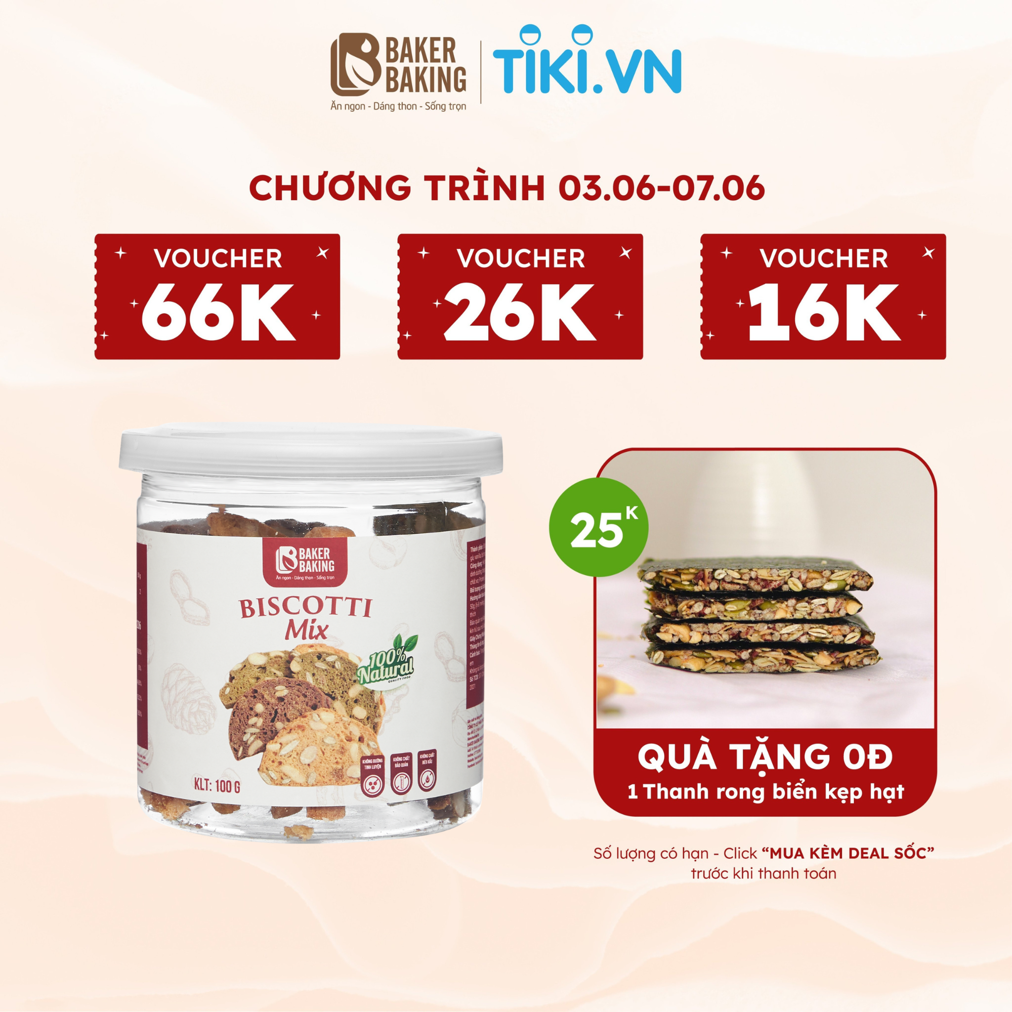 Bánh biscotti ăn kiêng Baker Baking nguyên cám mix hỗ trợ giảm cân dành cho người tiểu đường, eatclean 100g