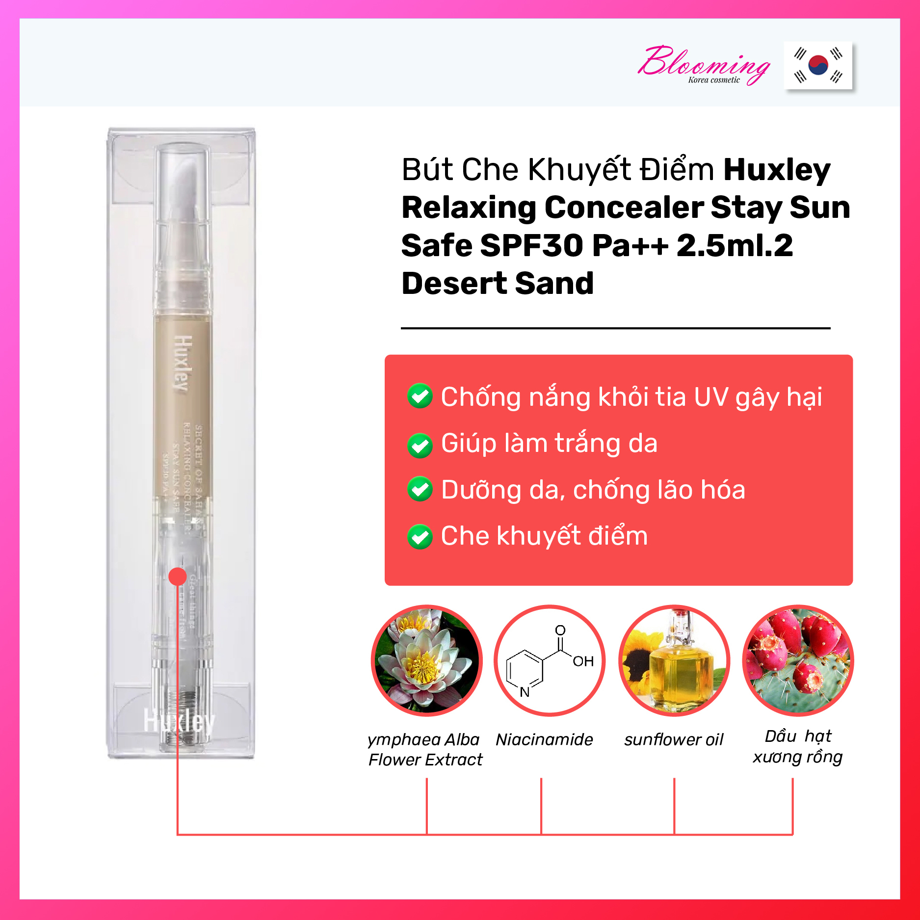 Bút Che Khuyết Điểm Huxley Relaxing Concealer Stay Sun Safe SPF30 Pa++ 2 Desert Sand 2.5ml