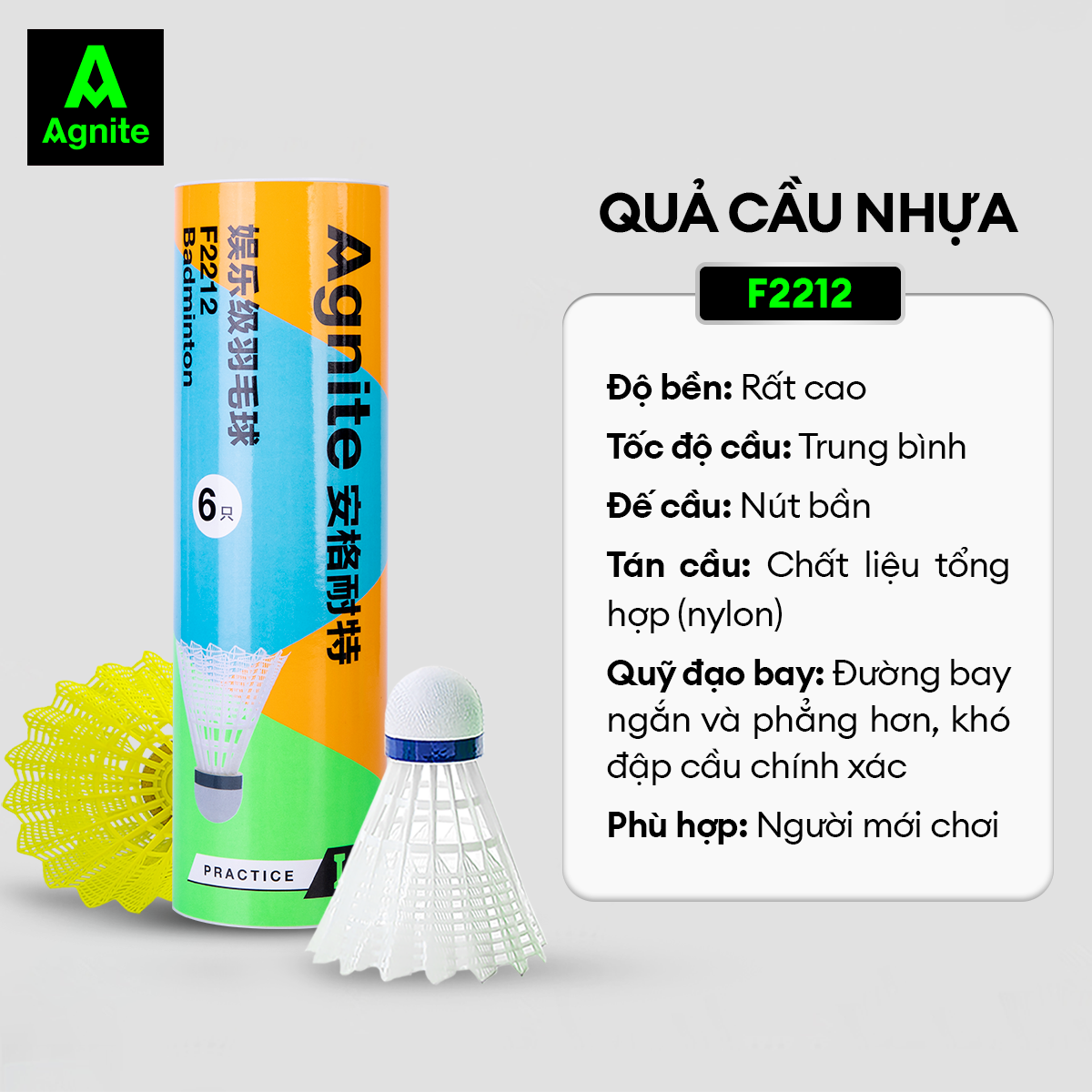 Cầu lông nhựa chính hãng Agnite - siêu bền - phù hợp tập luyện, chơi thể thao - F2212