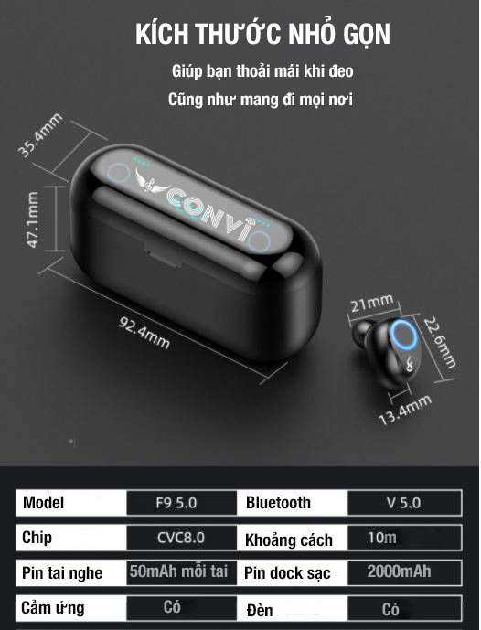 Tai nghe Bluetooth TrueWireless CONVI CVF9 2020 TOUCH LIGHT | Nhiều phiên bản | Cảm ứng | Đèn LED | Sạc dự phòng | 8D HiFi | Sport Headphone - Hàng Chính Hãng