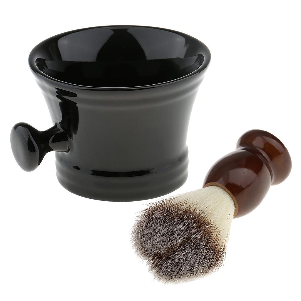 2 Pieces Premium Quality Men's Plastic Shaving Brushes with Ceramic Mug Cup Bowl Kit