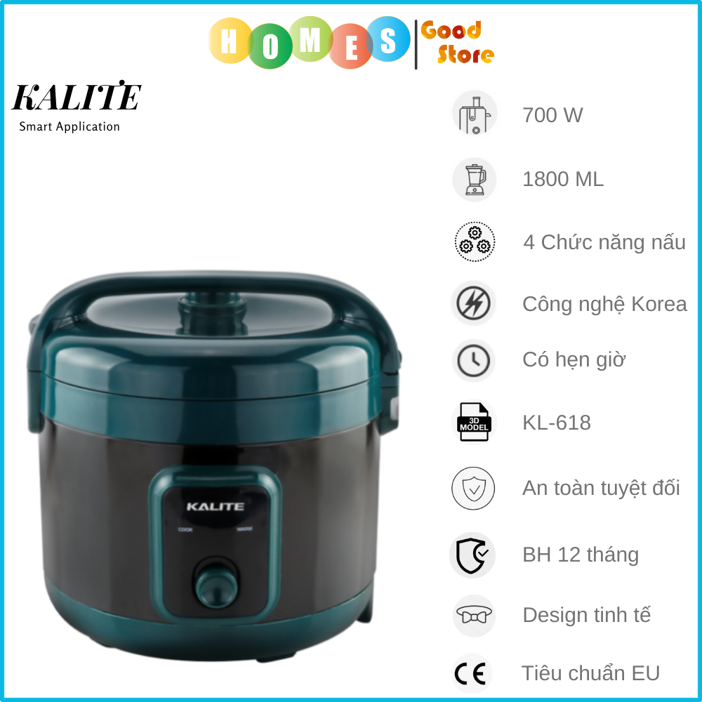 Nồi Cơm Điện Nắp Gài KALITE KL-618 Dung Tích 1.8 Lít Dùng Cho 4-5 Người Ăn Công Suất 700 W - Hàng Chính Hãng