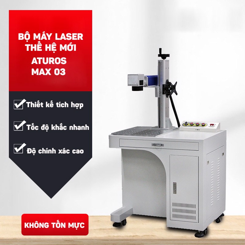 Bộ máy khắc laser fiber kim loại và trên nhiều chất liệu Aturos MAX 03 khắc logo, hình ảnh, date, số lô, mã vạch (Tích hợp kệ bàn) - Hàng nhập khẩu