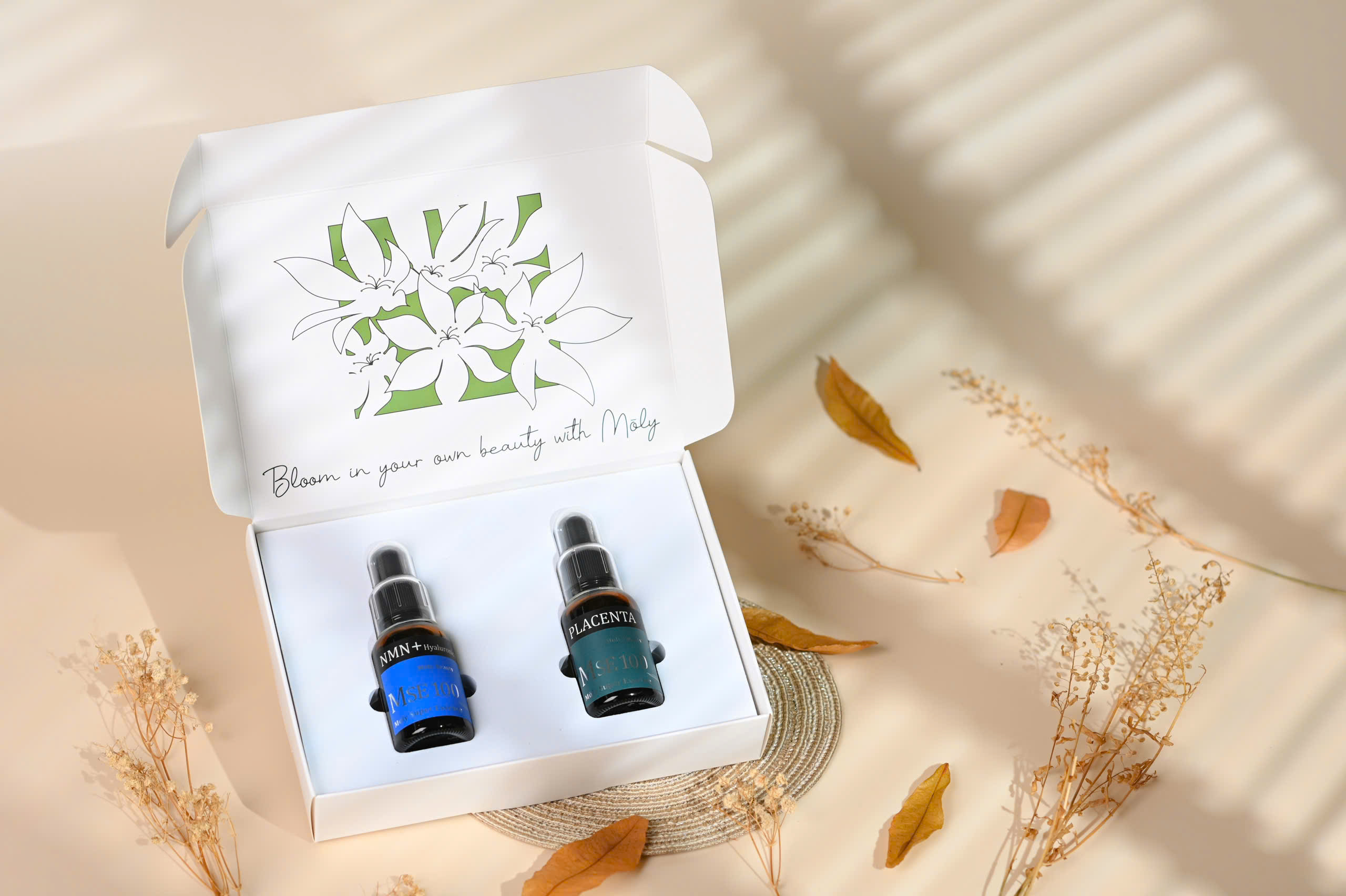 Bộ quà tặng MSE100 tinh chất phục hồi trẻ hóa da NMN+HY 30ml + MSE100 tinh chất nhau thai tái sinh Placenta 30ml - Mōly Beauty