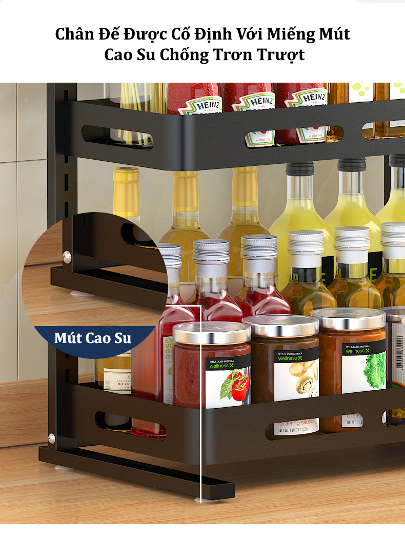 Combo kệ gia vị nhà bếp 3 tầng kiêm ống để thìa đũa và khay gài dao thớt thiết kế lắp ghép dễ dàng tháo rời kệ để vệ sinh, chất liệu 100% inox sơn tĩnh điện chống nước