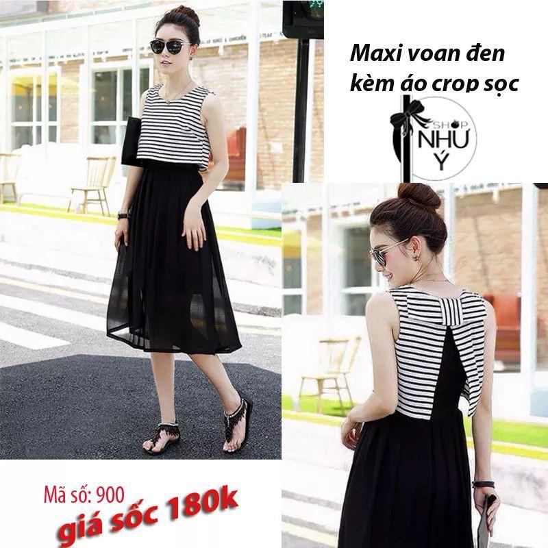 Đầm maxi đi biển voan đính áo drop top sọc nơ lưng dáng lửng hình thật