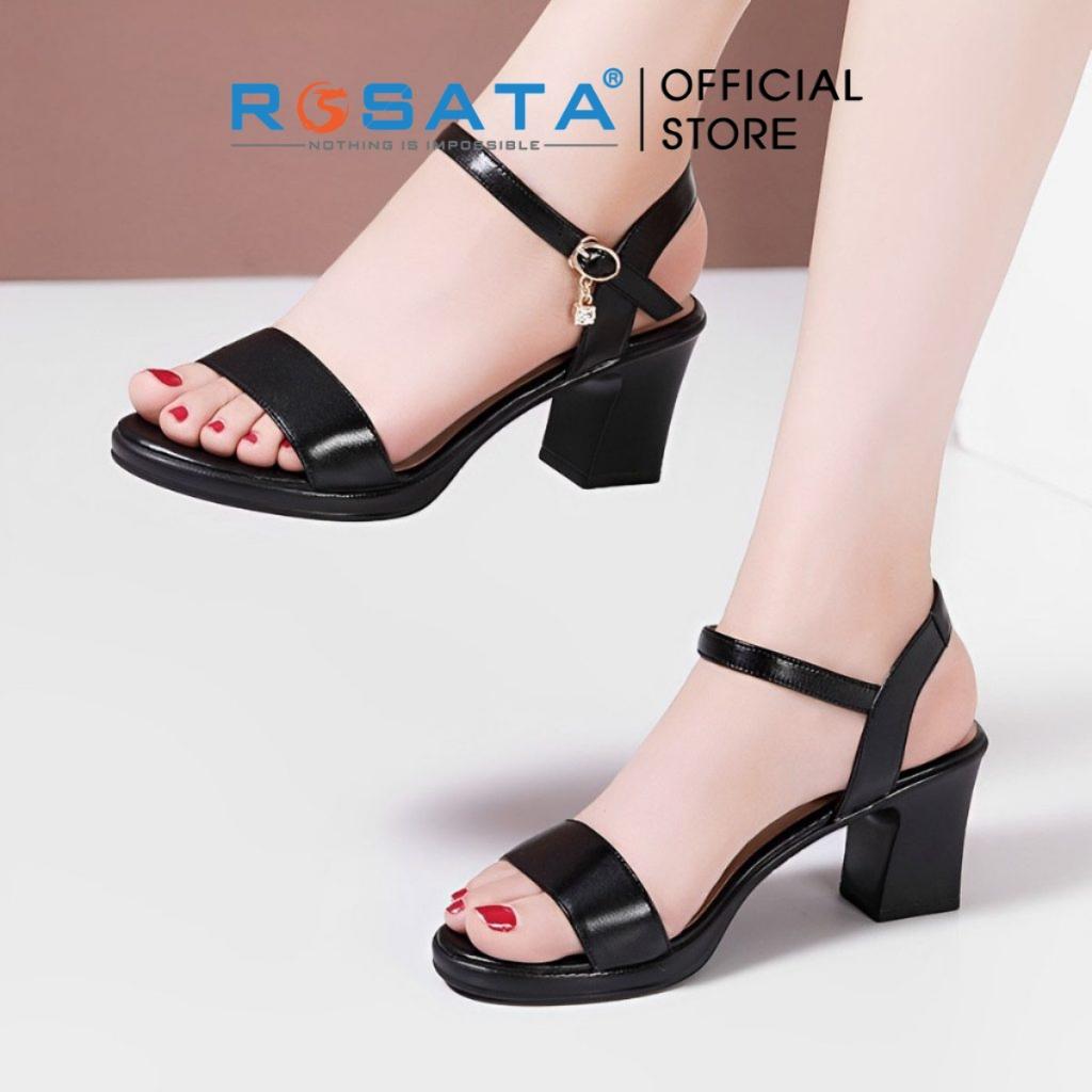 Giày sandal nữ ROSATA RO576 đế vuông cao gót 5 phân mũi tròn quai hậu cài khóa dây mảnh màu đen xuất xứ Việt Nam - ĐEN