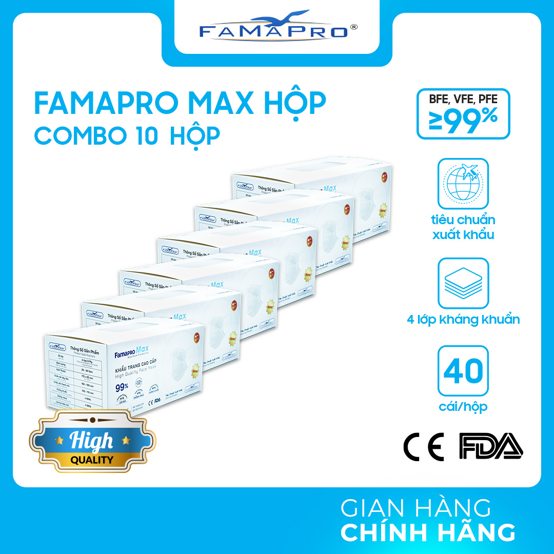 [HỘP - FAMAPRO MAX] - Khẩu trang y tế kháng khuẩn 4 lớp Famapro Max (40 cái/ hộp) - COMBO 10 HỘP