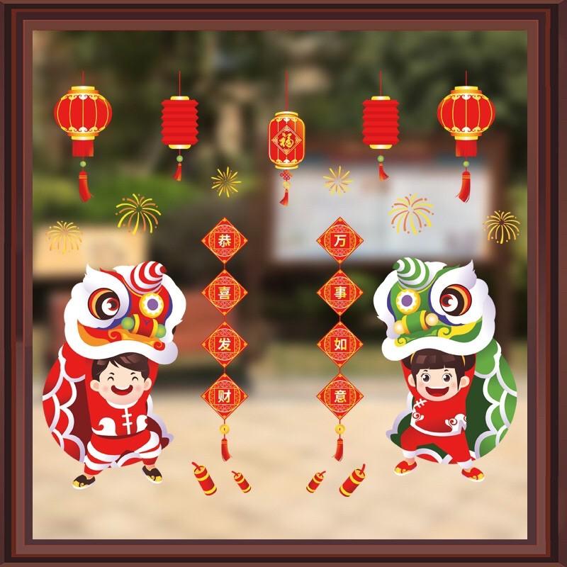 Decal Tết HÍT TĨNH ĐIỆN không dơ kính - Bé Trai Bé Gái Múa Lân Sư Rồng