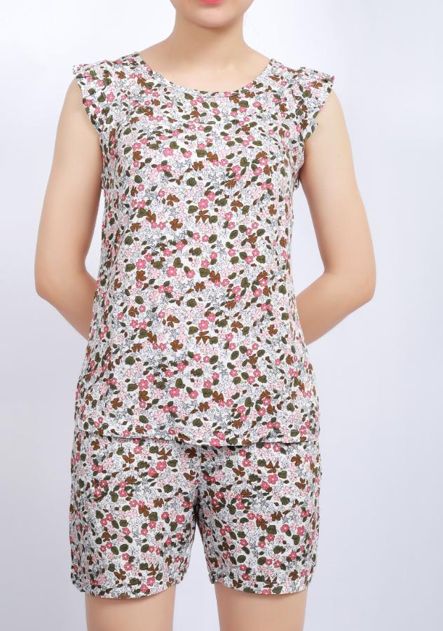 Bộ mặc nhà lanh Vicci BSH.069.19 quần short vải chéo Hàn cao cấp họa tiết nhí hồng nền trắng