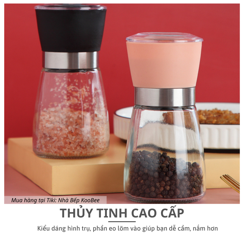 Cối xay tiêu thủy tinh cầm tay cao cấp KooBee - Lọ xay hạt tiêu đen, tiêu sọ, muối hồng, ớt khô đa năng tiện dụng