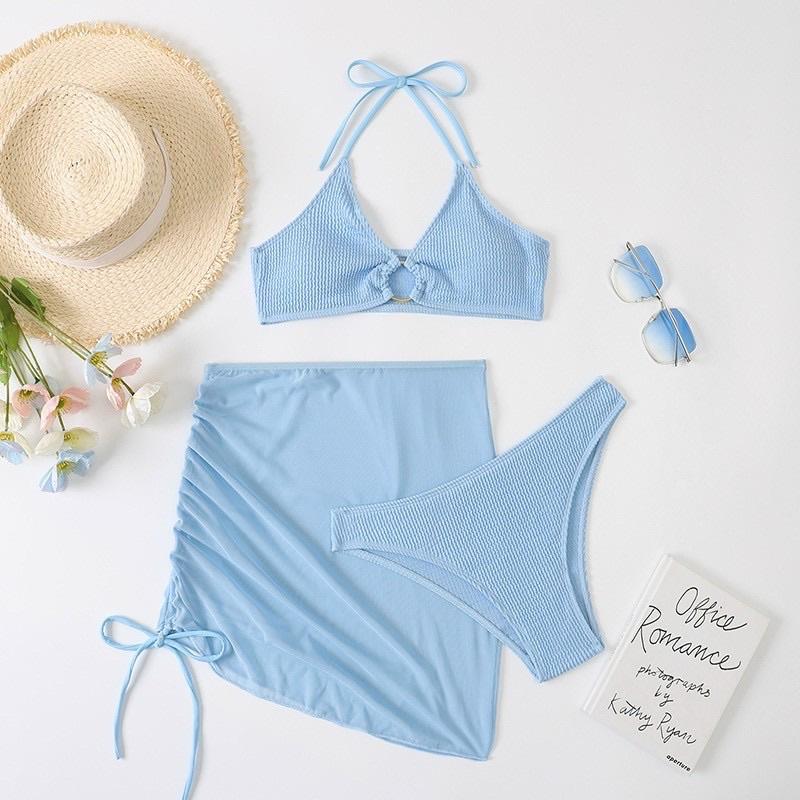 Bikini 3 mảnh kèm chân váy sexy màu xanh biển