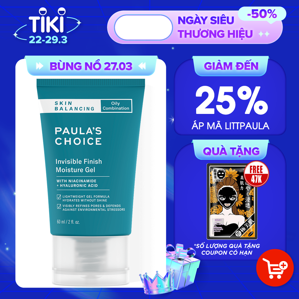 Kem dưỡng đêm da dầu Paula's Choice skin balancing invisible finish moisture gel 60ml TẶNG mặt nạ Sexylook