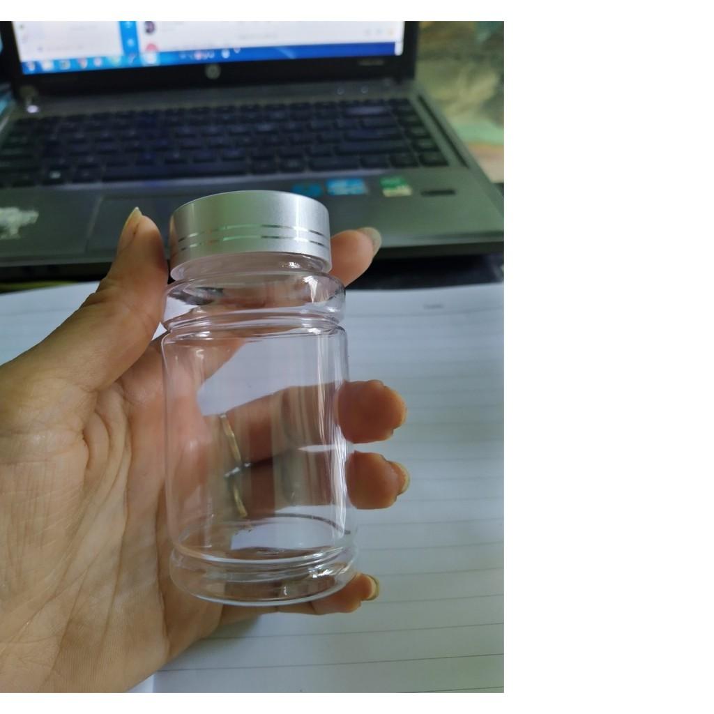 Lọ nhựa pet dược trong 100ml - com bo 100 lọ gồm nắp bạc hai viền trắng màng siu và chống ẩm