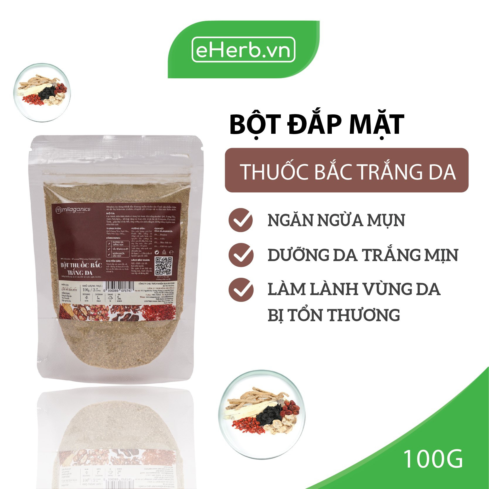 Bột Thuốc Bắc Trắng Da Đắp Mặt Nạ Ngăn Ngừa Mụn Và Giảm Thâm Nám MILAGANICS 100gr