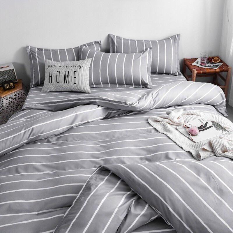 Bộ chăn ga gối cotton fly Hàn quốc họa tiết kẻ xám