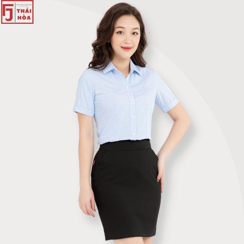 Áo sơ mi nữ Thái Hoà đẹp cao cấp kẻ tăm caro màu xanh cotton công sở 631-12-01