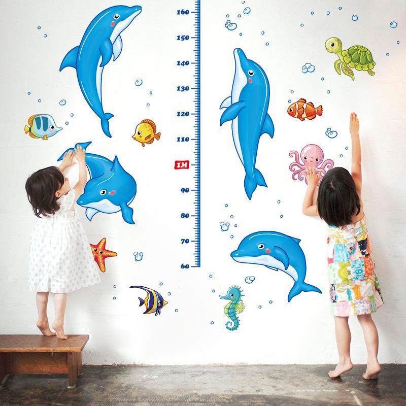 Decal dán tường đo chiều cao cá heo xanh 01