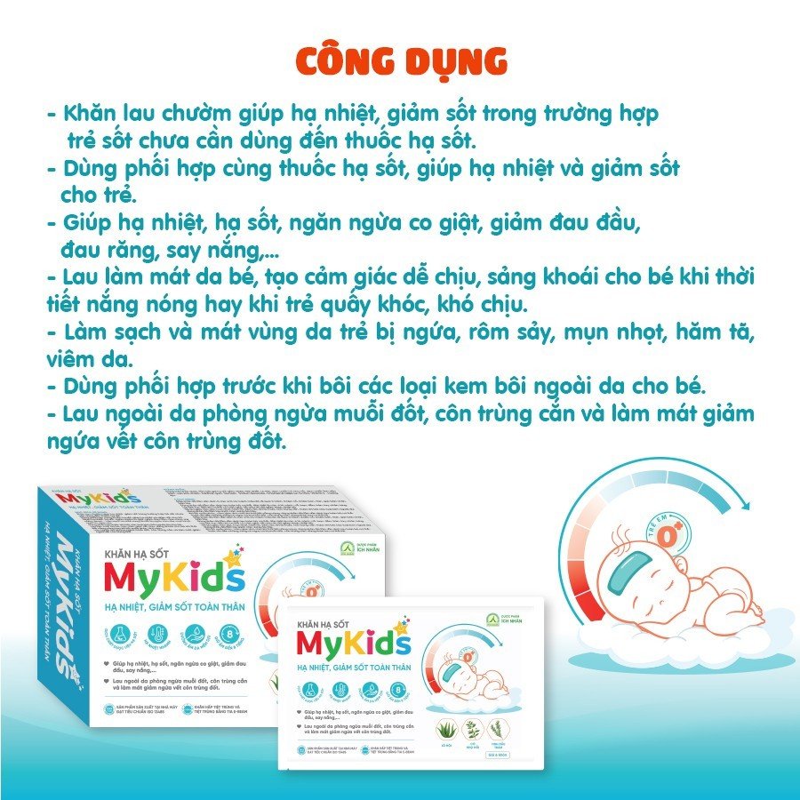 Khăn Lau Hạ Sốt MyKids Ích Nhân Hạ Nhiệt, Giảm Sốt Theo Tiêu Chuẩn Nhi Khoa, Ngăn Ngừa Co Giật - Hộp 4 Gói x 6 Khăn/Gói