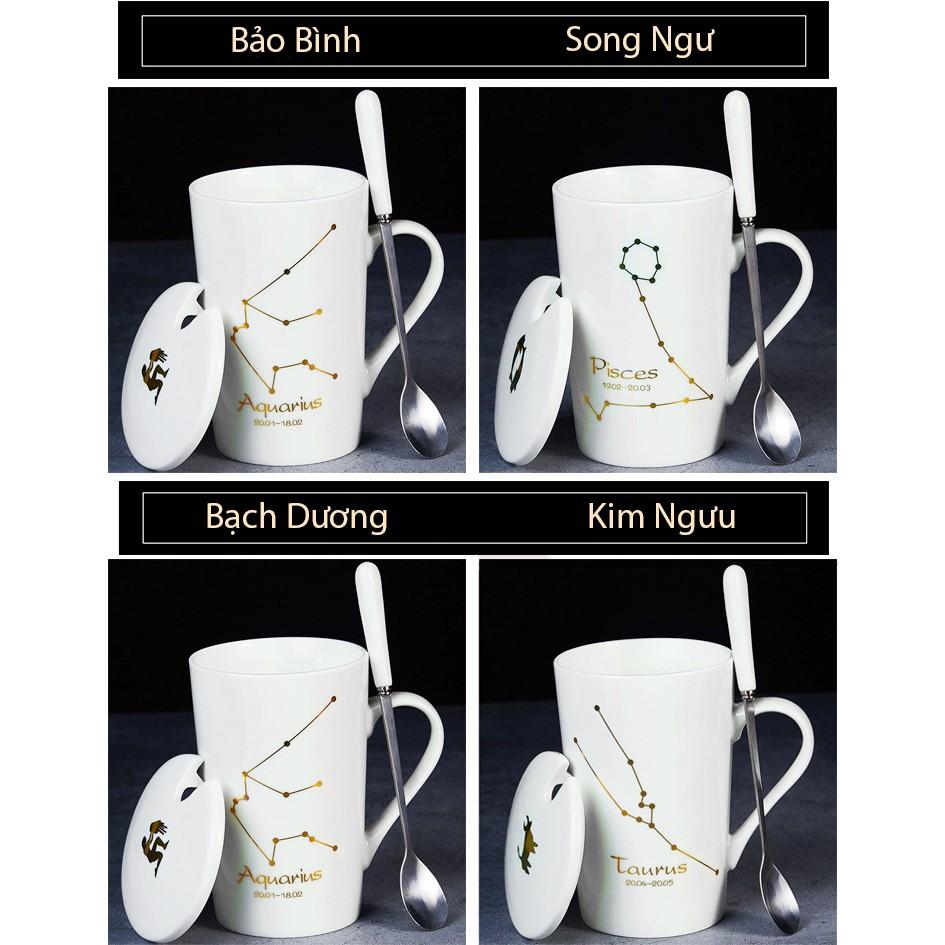 Ly Cốc Sứ Có Nắp TRẮNG in Hình 12 Cung Hoàng Đạo Cực Đẹp