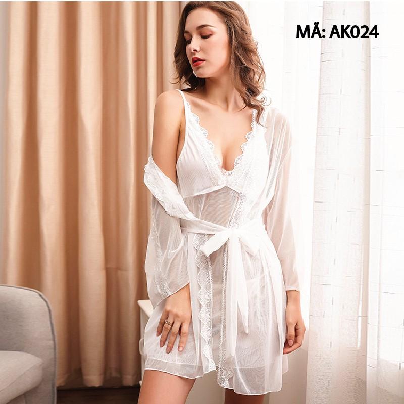 HISEXY Set Áo Khoác, Đầm Ngủ Ren Voan Lưới Có Quần Chip Mặc Nhà