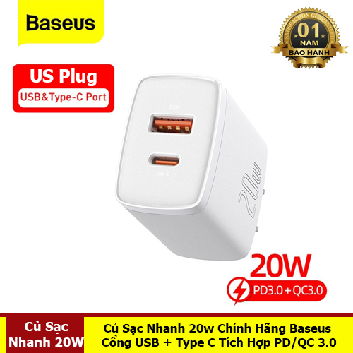 Củ Sạc Nhanh 20W Cổng USB + Type C Tích Hợp PD/QC 3.0 - Hàng Chính Hãng Baseus