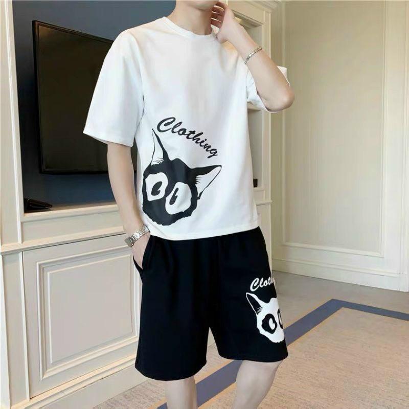 Bộ quần áo Mặc Nhà Thể Thao Nam Mùa Hè Phong Cách Cao Cấp IN CÚ MÈO, Bộ Đồ Ngủ Áo Tay Ngắn Phối Quần short Vải cotton In Hoạt Hình Thời Trang Mùa Hè