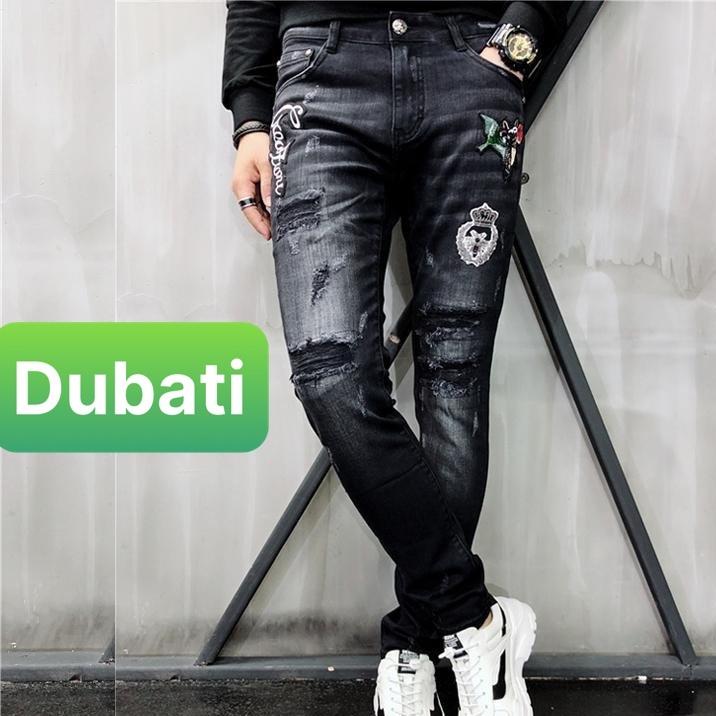 Quần Jeans Nam Chất Bò Đen, Quần Baggy Nam Đen Thêu Hình Mèo Hoa Wash Rách - DB 450- DUBATI FASHION