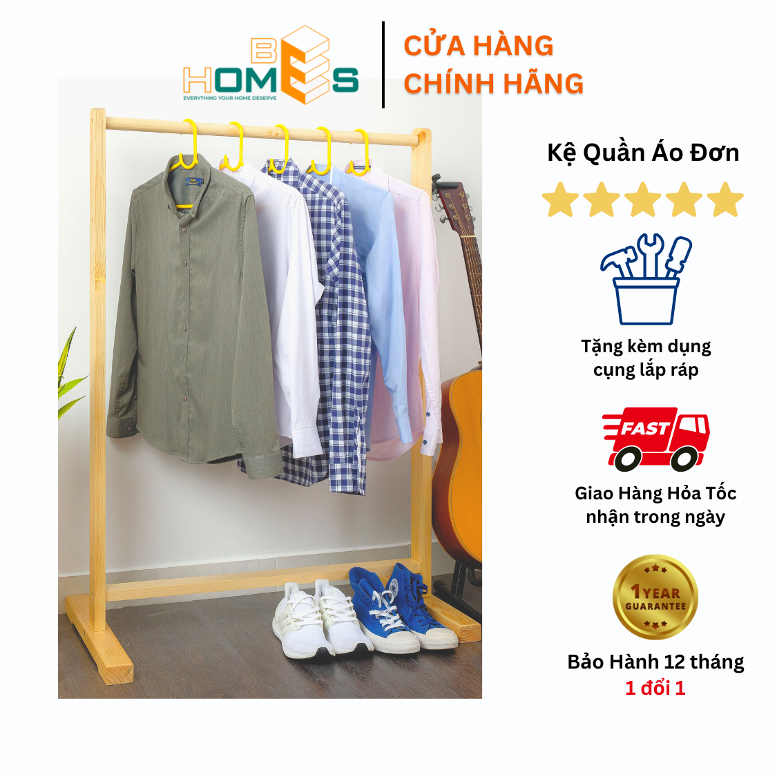 Giá treo quần áo gỗ đơn Behomes