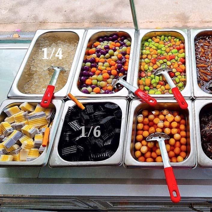 Khay đựng thạch trà sữa inox 304 loại gn 1/4 sâu 15cm có nắp