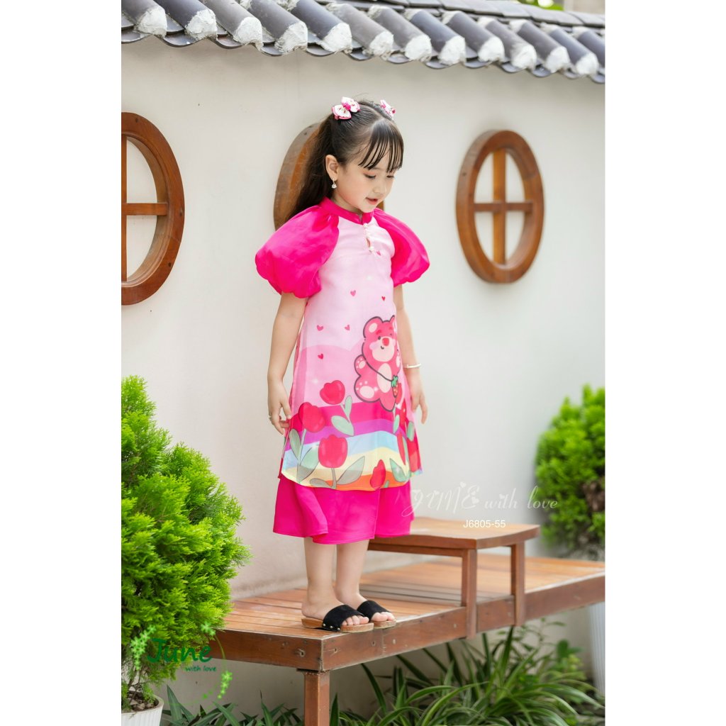 Áo dài tết cho bé gái mẫu Gấu dâu Lotso từ 12-35kg hàng thiết kế cao cấp