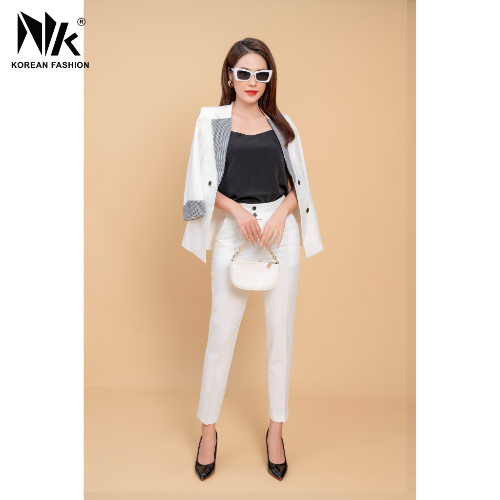 Bộ Vest Nữ Công Sở NK Fashion Thiết Kế Tay Lỡ Phối Kẻ, Hai Hàng Khuy Sang Trọng, Quần Ôm Dáng, Chất Vải Nhập Hàn NKFBD2108005