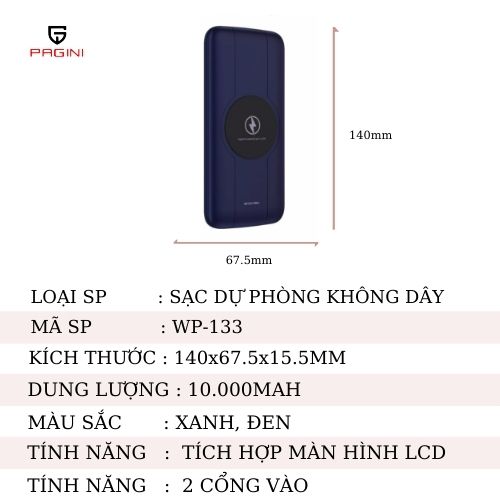 Pin sạc dự phòng không dây 10000 mAh PAGINI WP-133 type C thiết kế nhỏ gọn, sang trọng - 2 cổng USB dòng 5V/2.1A sạc cùng lúc tới 3 thiết bị – Hàng nhập khẩu