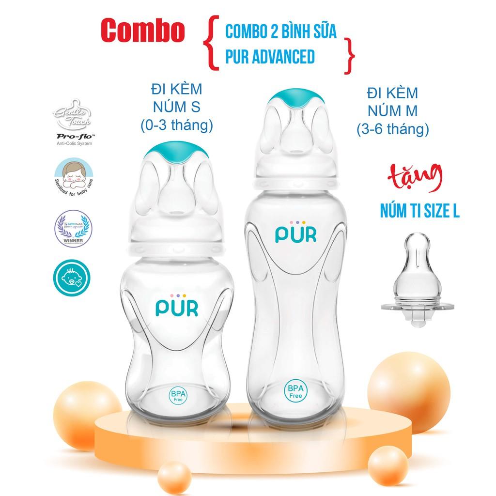 Combo bình sữa Pur Advanced 125ml, bình sữa Pur Advanced 250ml + Núm ti size L