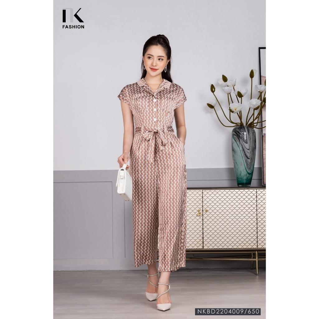 Bộ Jumpsuit Nữ NK Fashion Dáng Dài Thiết Kế Áo Cổ Ve Chai, Chờm Quần Ống Rộng Tôn Dáng, Chất Liệu Lụa Hàn Cao Cấp NKBD2204009