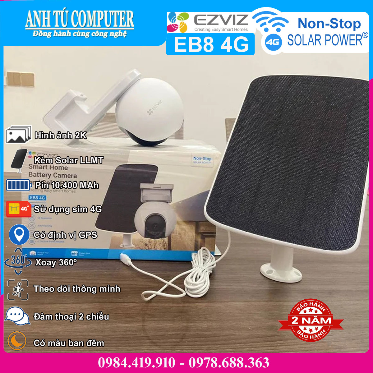 Camera 3MP 2K dùng sim 4G tích hợp pin và panel solar Ezviz EB8 hàng chính hãng