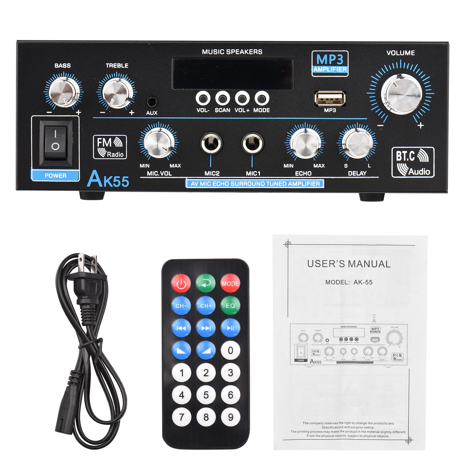 AK-55 Audio Power Amplifier Home Car Karaoke Amplifier Digital Audio PA Receiver 2 Microphone Input with Remote Control