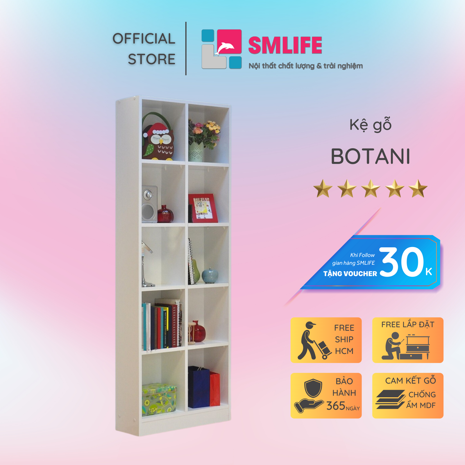 Kệ sách, kệ trang trí gỗ hiện đại SMLIFE Botani | Gỗ MDF dày 17mm chống ẩm | D60xR23xC170cm