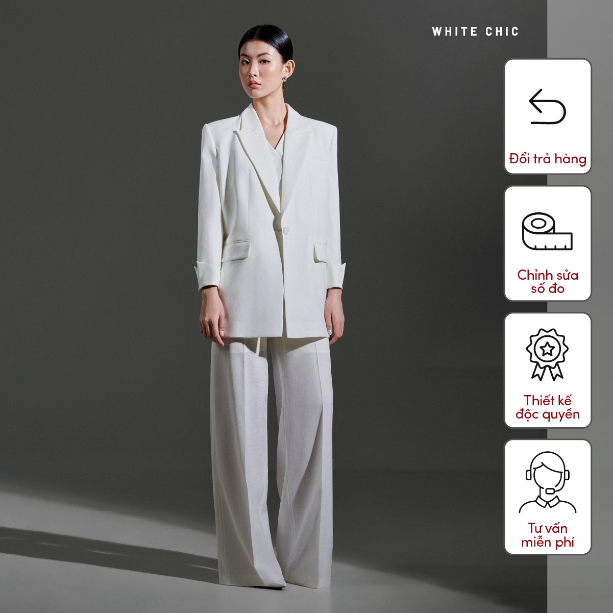 Áo blazer vai rộng, cổ 2 ve tay lỡ dài màu trắng TOVE thiết kế cao cấp WHITE CHIC