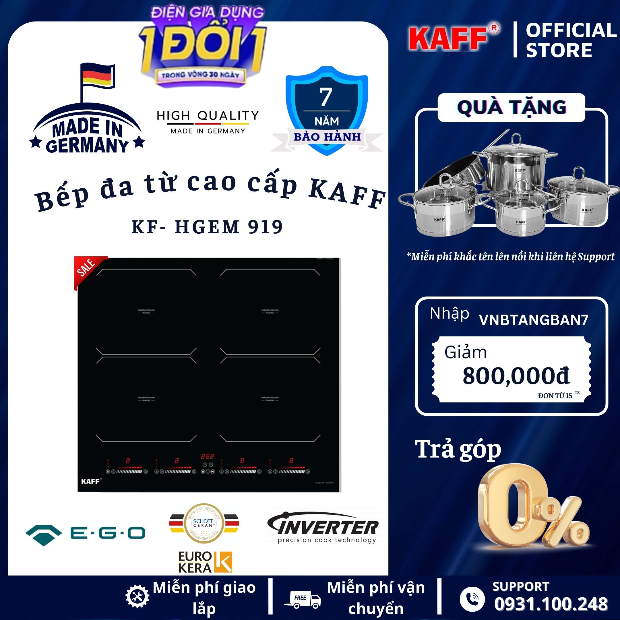 Bếp âm đa từ 4 vùng nấu nhập khẩu Germany KAFF KF-HGEM919 - Hàng Chính Hãng