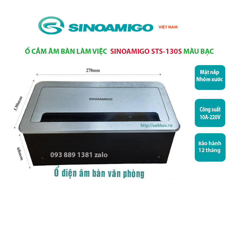 Ổ điện âm bàn văn phòng Sinoamigo STS-130S màu bạc, mặt nắp nhôm xước bền đẹp, lắp điện, mạng, USB, HDMI..