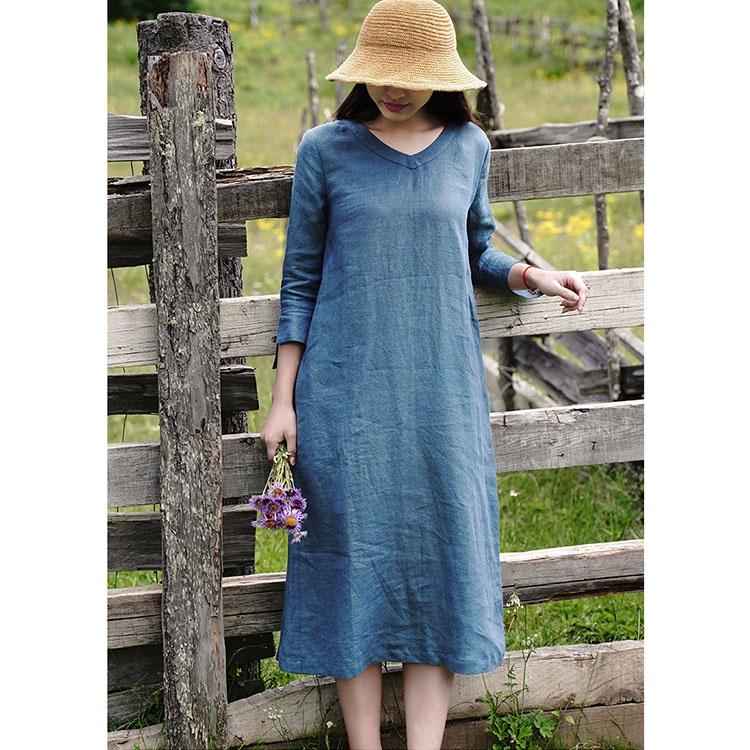Đầm suông linen cổ tim tay lỡ kèm đai rời, thời trang phong cách trẻ - Xanh coban