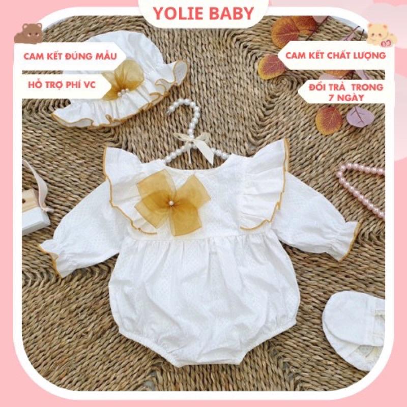 Body Handmade trắng nơ vàng bé gái phối nơ kèm nón 4kg-12kg