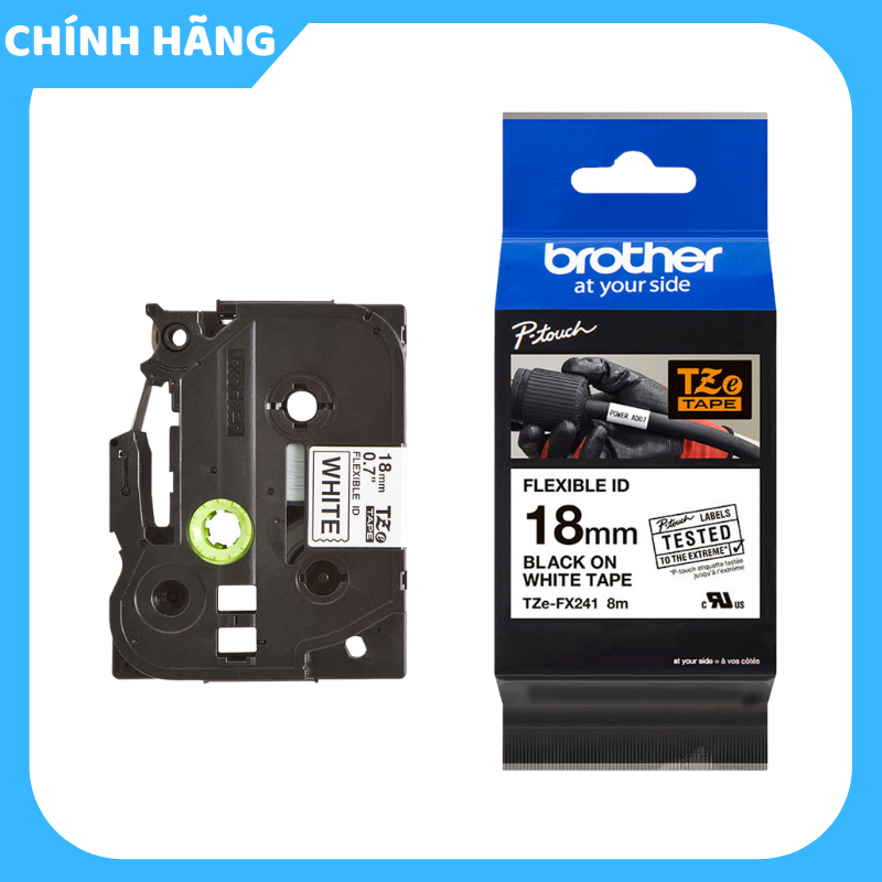 [Brother] Nhãn in TZe-FX241 màng bảo vệ siêu dẻo - Chữ đen trên nền trắng 18mm - Hàng Chính Hãng